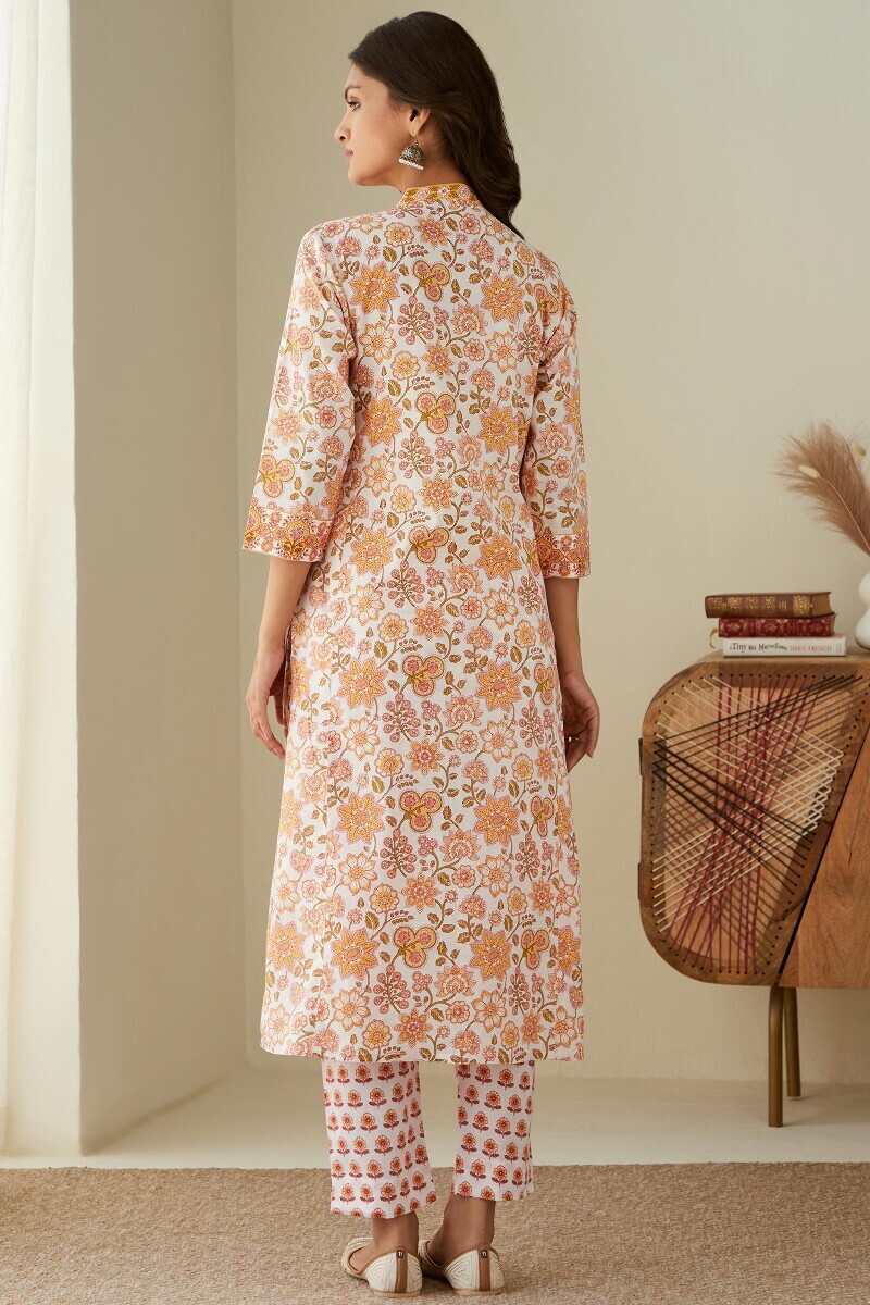 White Hand Printed Straight Cotton Kurta