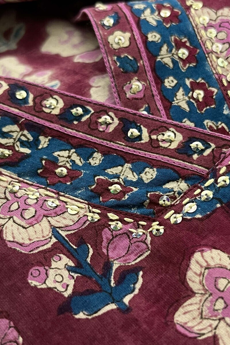 Maroon Hand Block-Printed Straight Cotton Kurta