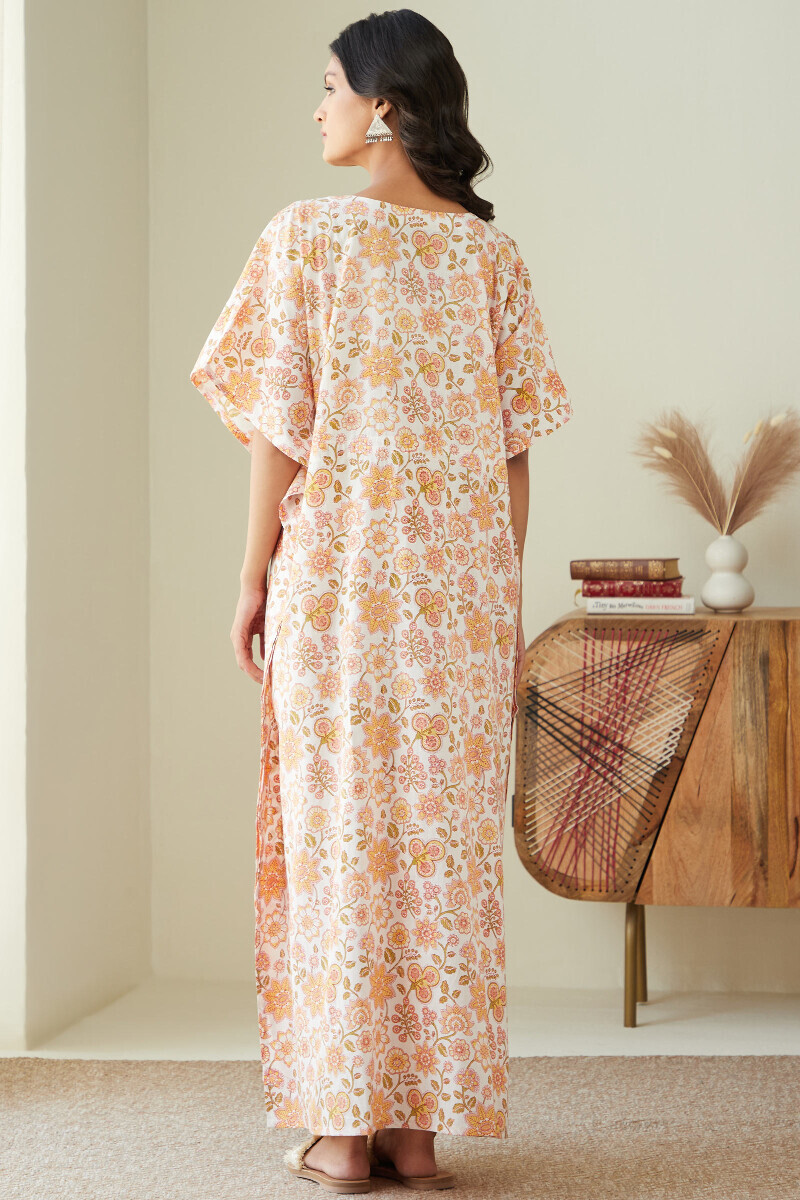 White Hand Printed Cotton Kaftan