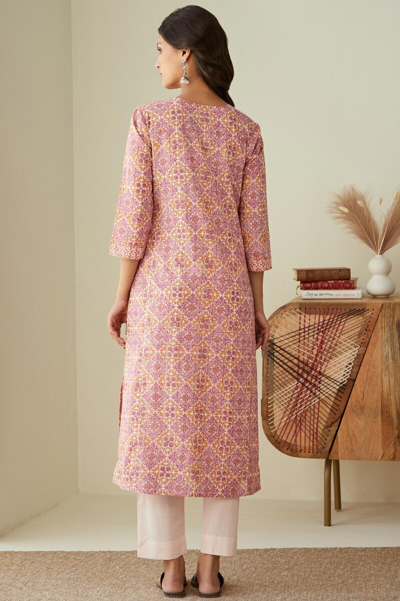 Cream Hand Block-Printed Straight Cotton Kurta