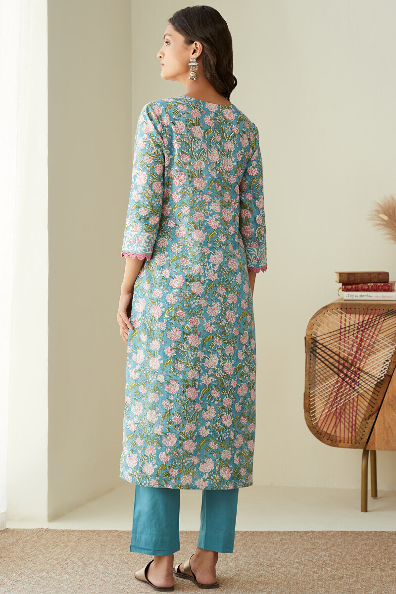 Blue Hand Block-Printed Straight Cotton Kurta