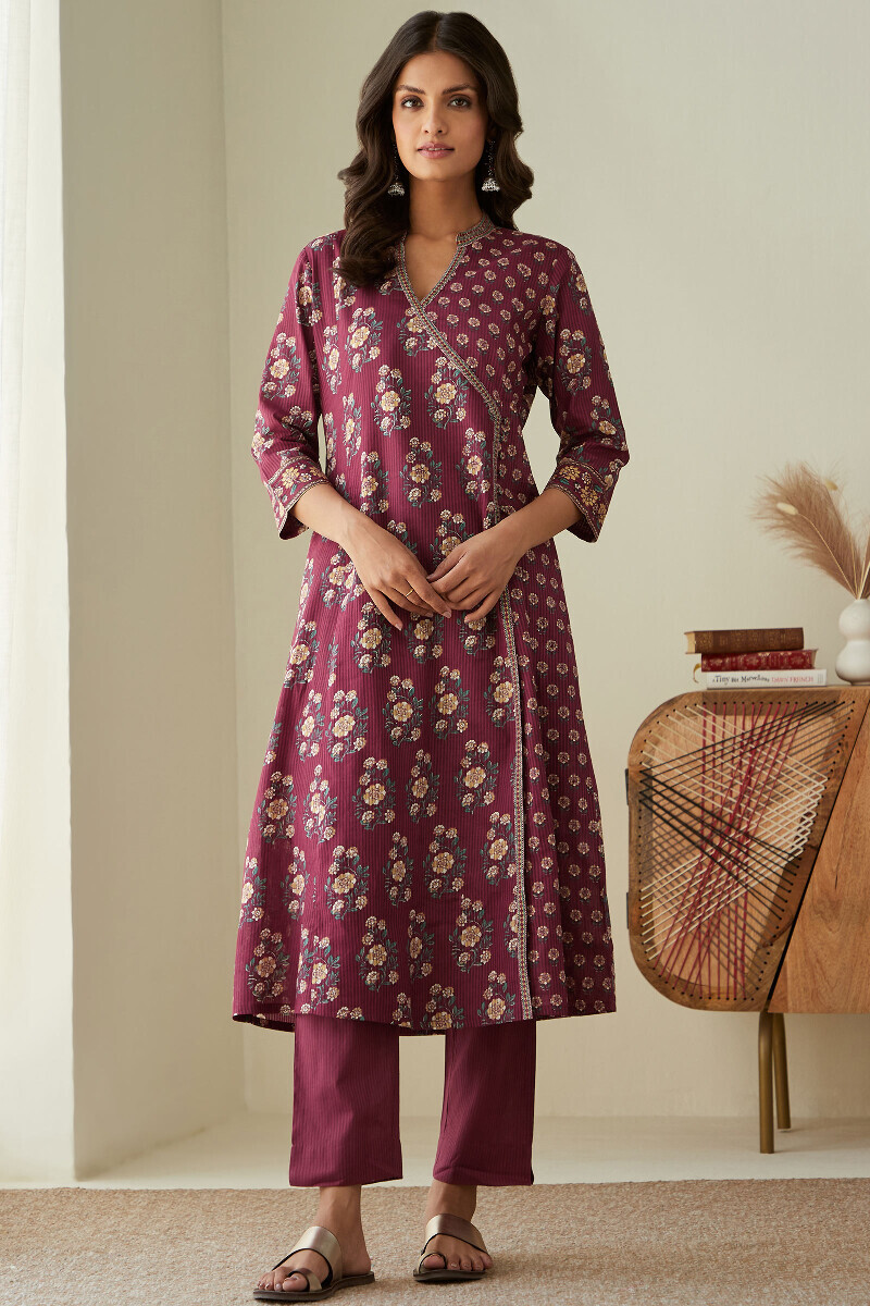 Red Hand Printed Angrakha Cotton Dobby Kurta