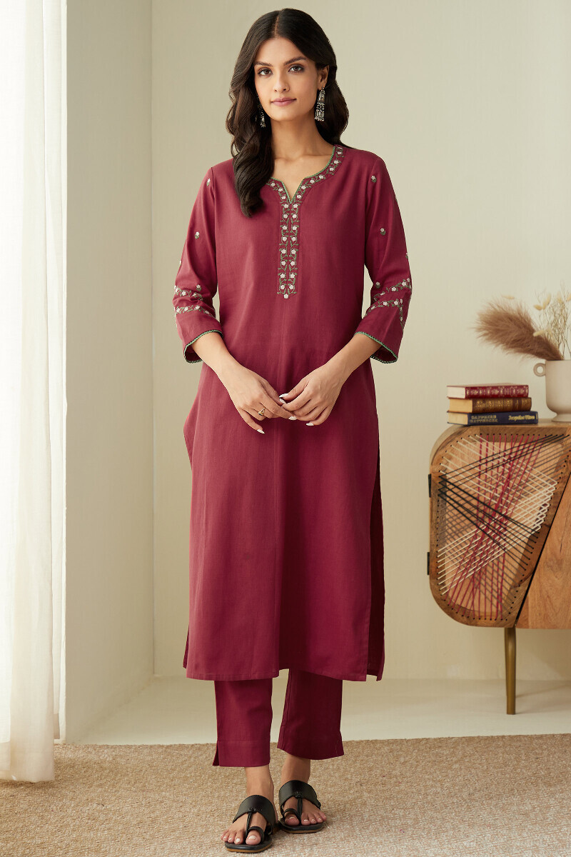Red Handcrafted Straight Cotton Flax Kurta