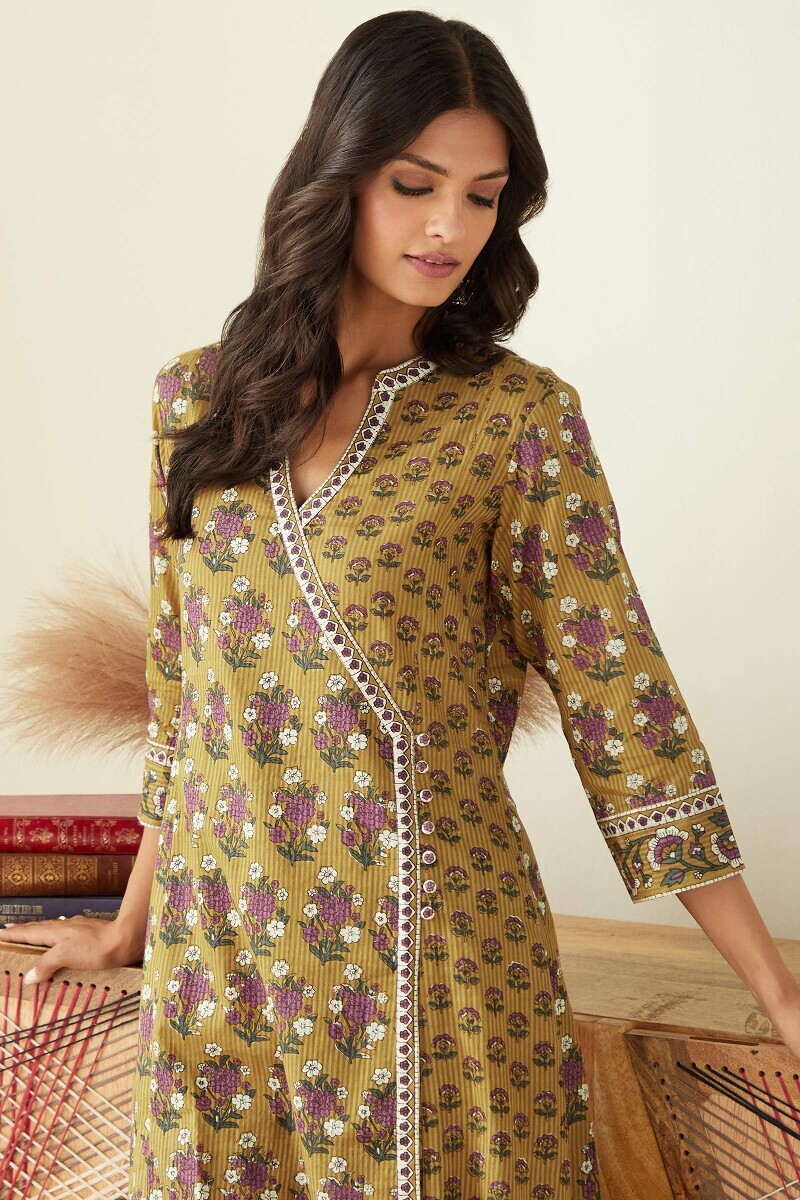 Mustard Hand Printed Angrakha Cotton Dobby Kurta