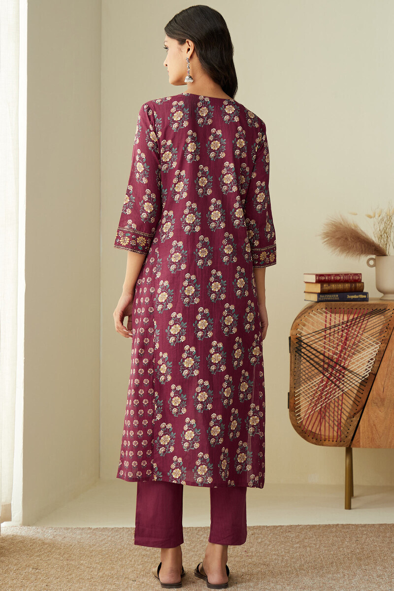 Red Hand Printed Straight Cotton Dobby Kurta