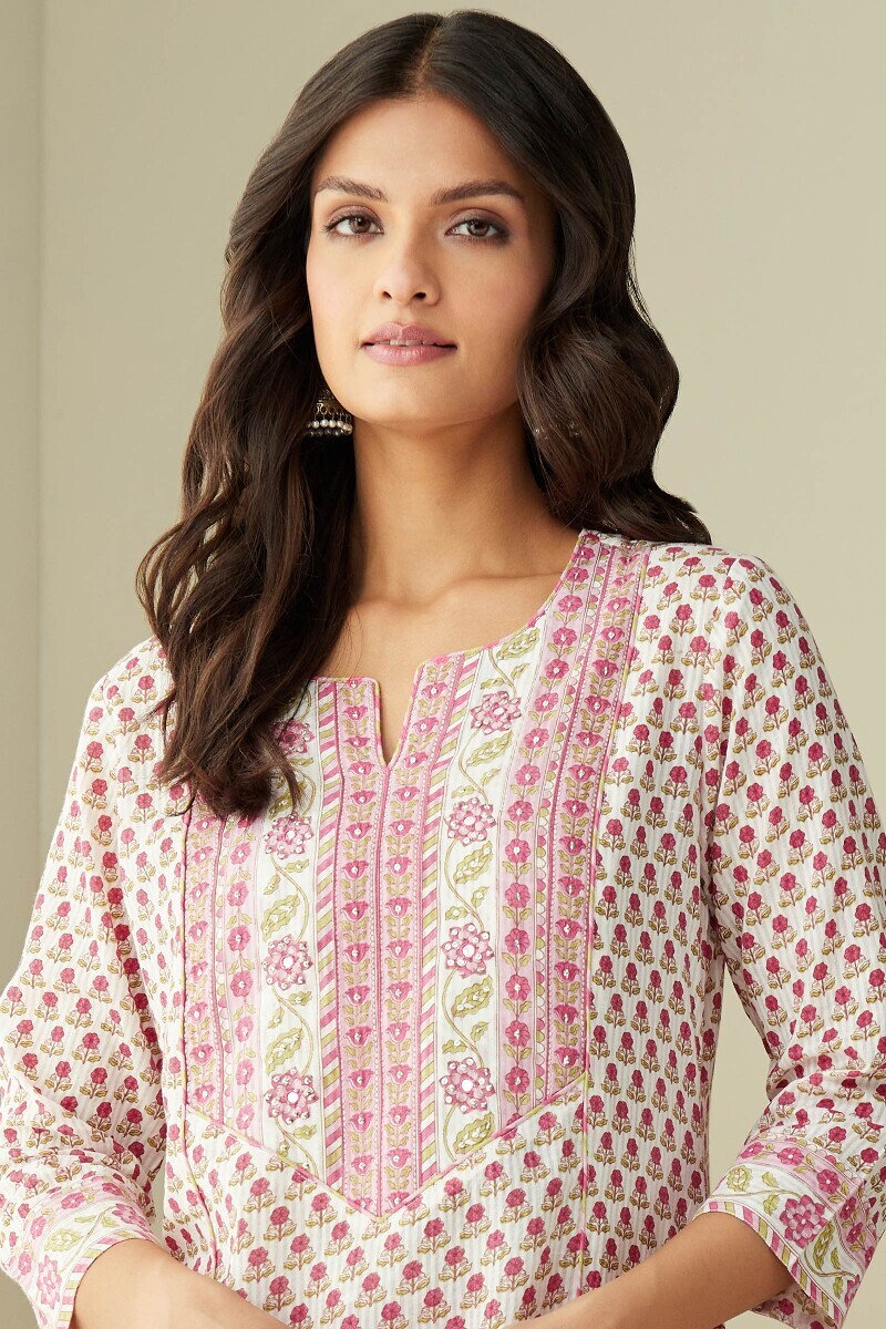 Pink Hand Printed Straight Cotton Dobby Kurta