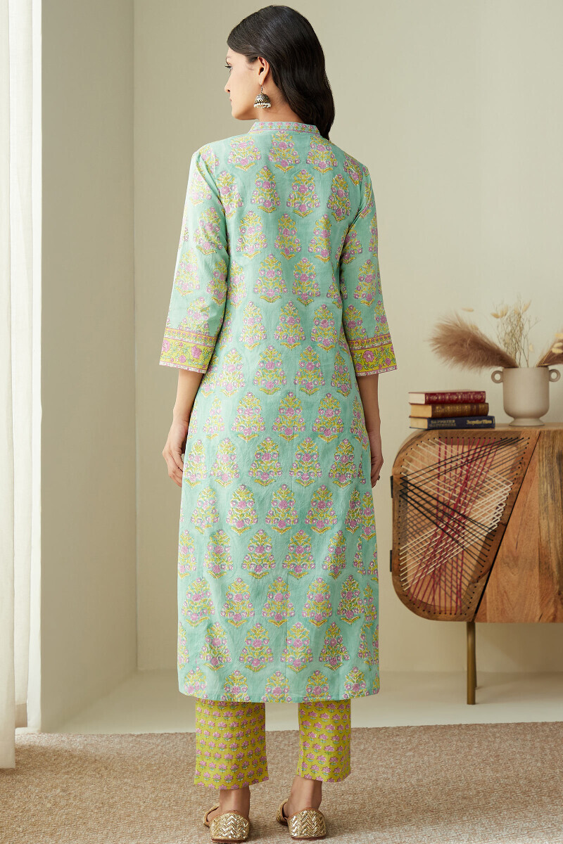 Green Hand Block-Printed Straight Cotton Kurta