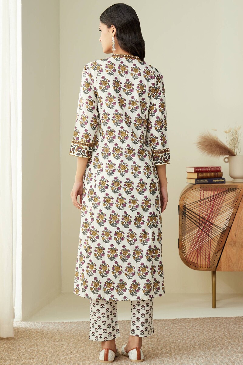 Cream Hand Printed Angrakha Cotton Kurta
