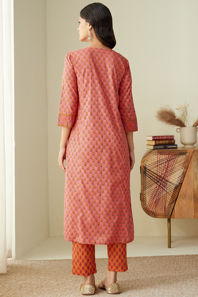 Pink Hand Printed Straight Cotton Kurta