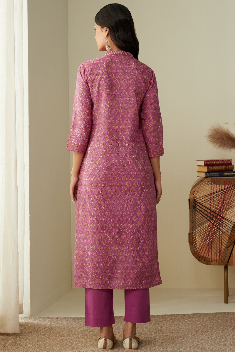 Purple Hand Block-Printed Straight Cotton Kurta