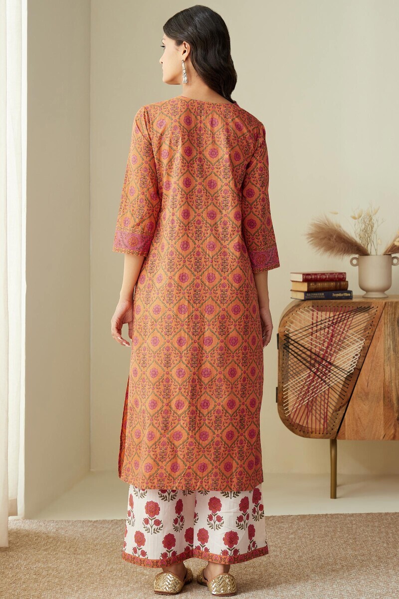 Orange Hand Printed Straight Cotton Kurta