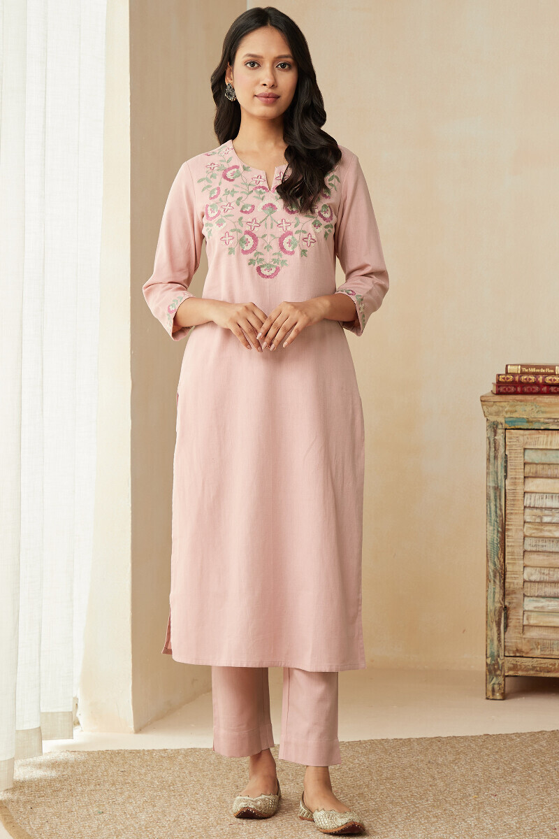 Pink Handcrafted Straight Cotton Flax Kurta