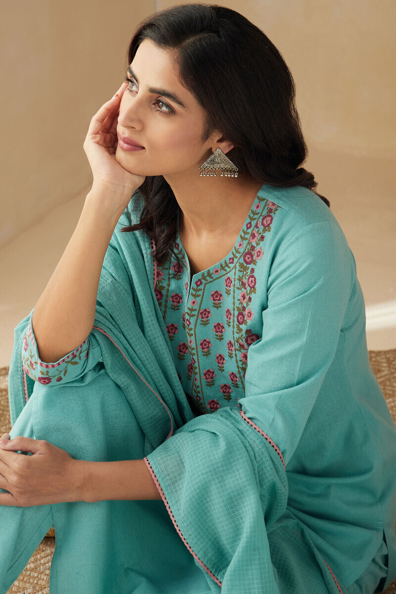 Blue Handcrafted Straight Cotton Flax Kurta