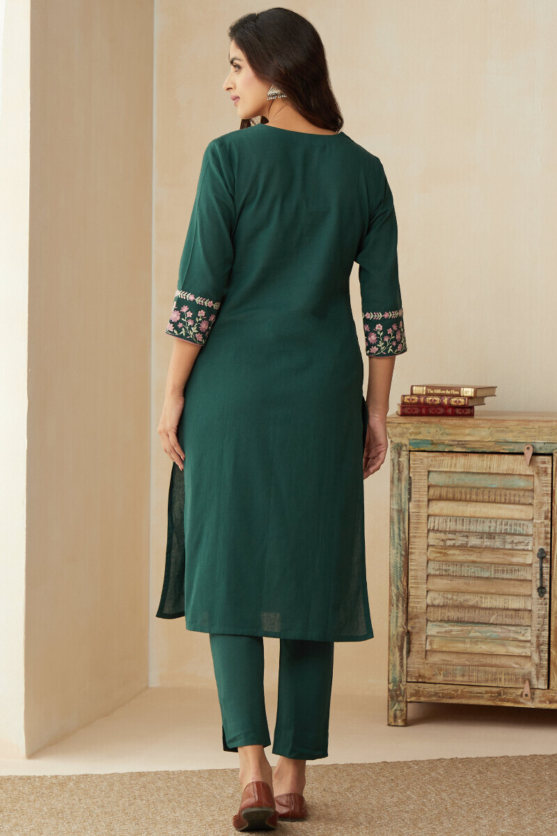 Green Handcrafted Straight Cotton Flax Kurta