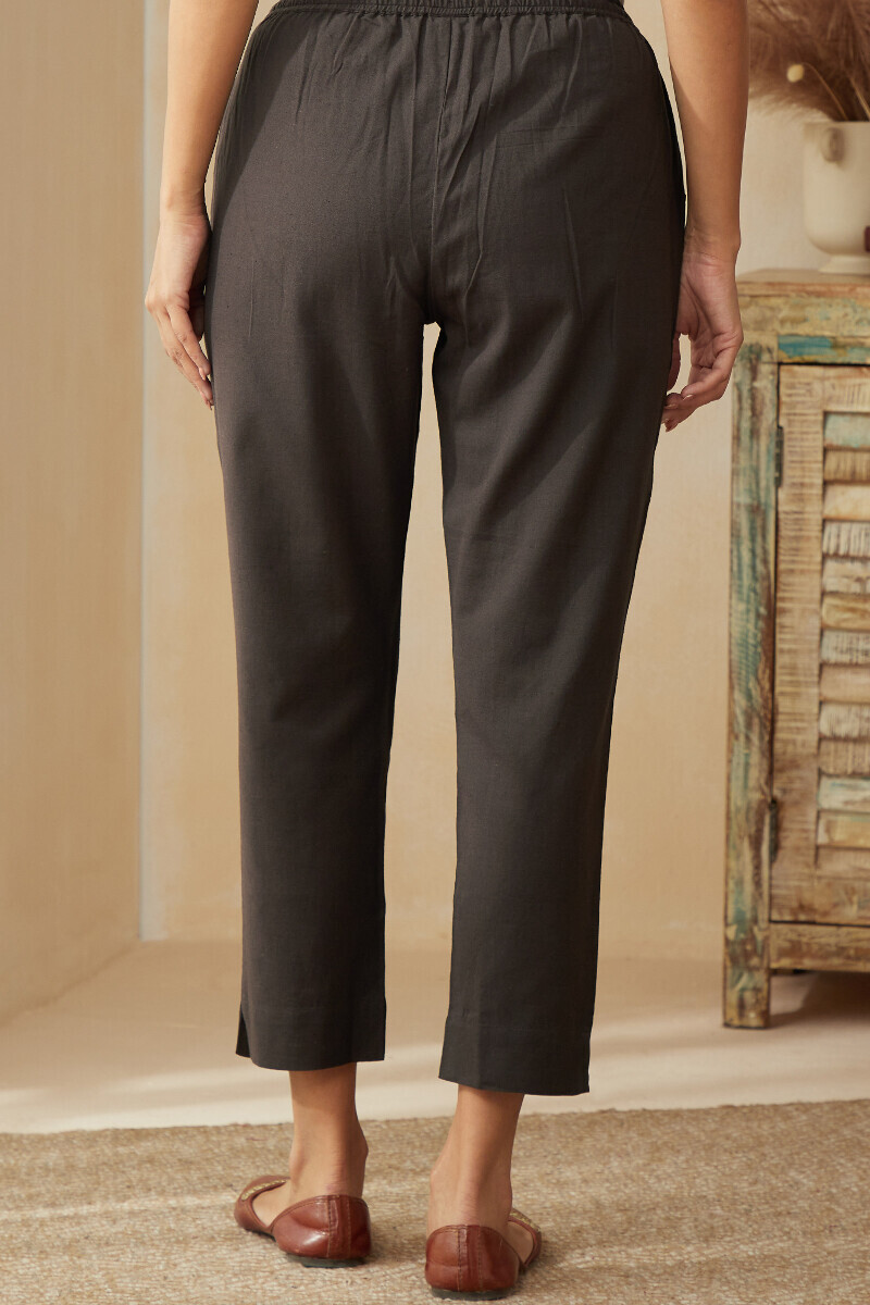 Brown Handcrafted Cotton Flax Narrow Pants