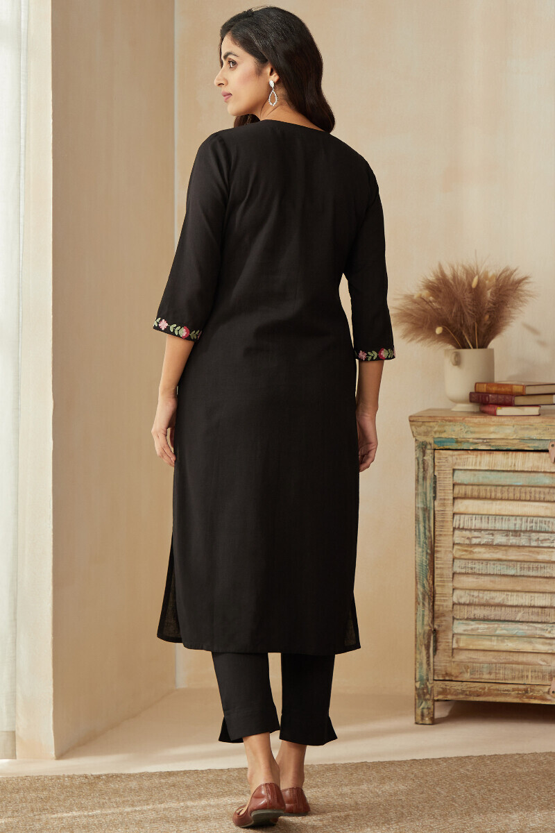 Black Handcrafted Straight Cotton Flax Kurta