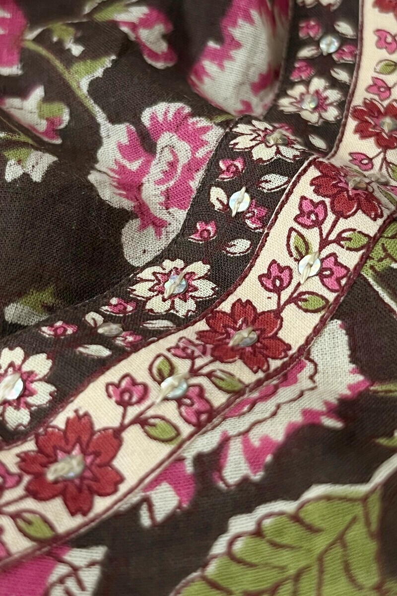 Brown Hand Printed Straight Cotton Kurta
