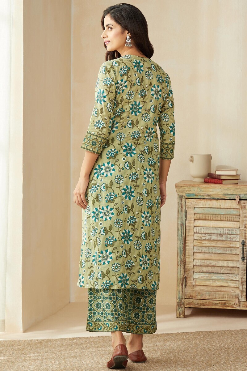 Green Hand Printed Straight Cotton Dobby Kurta