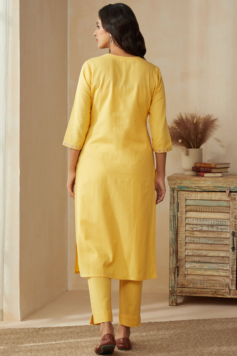 Yellow Handcrafted Straight Cotton Flax Kurta