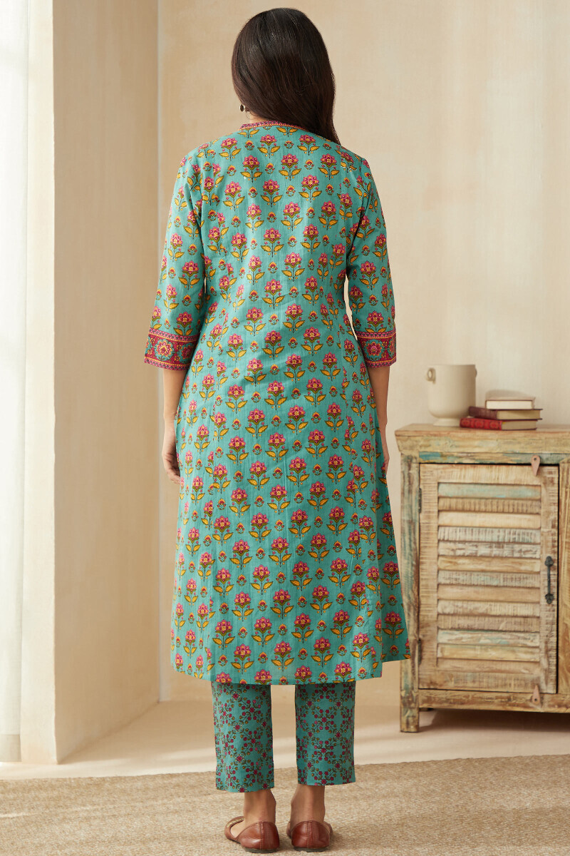 Blue Hand Printed Angrakha Cotton Kurta