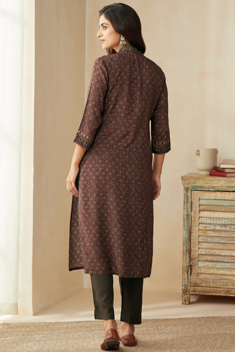 Maroon Printed Straight Viscose Kurta