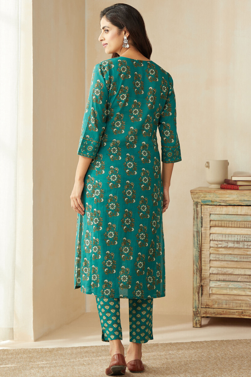 Teal Hand Printed Straight Cotton Dobby Kurta