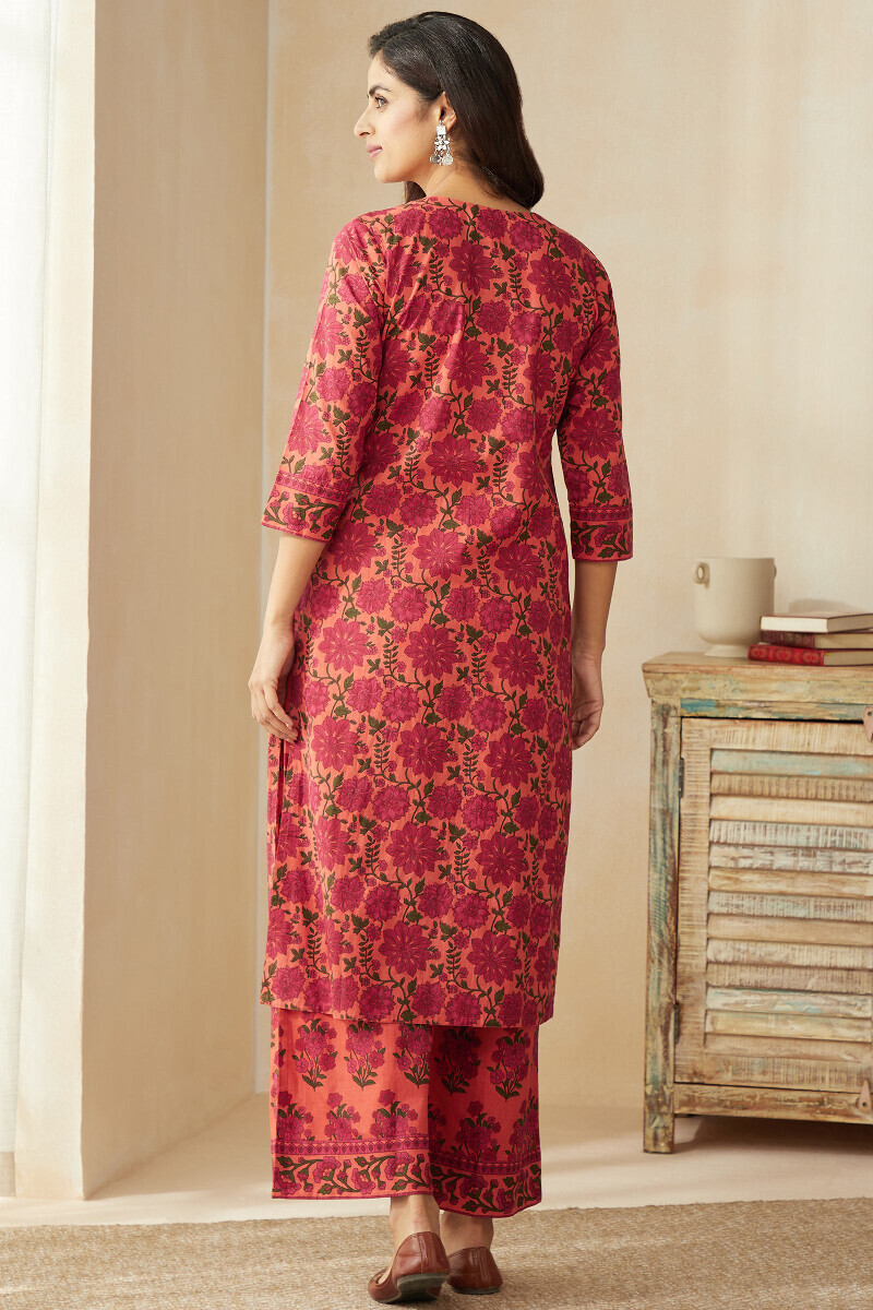 Orange Hand Printed Straight Cotton Kurta