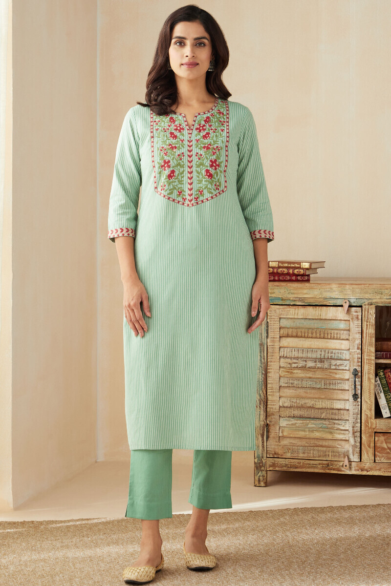 Green Handcrafted Straight Cotton Kurta