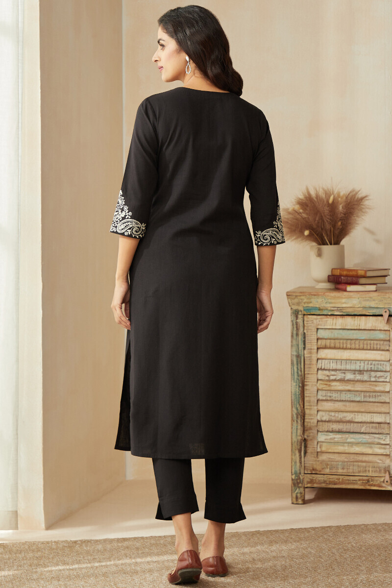 Black Handcrafted Straight Cotton Flax Kurta