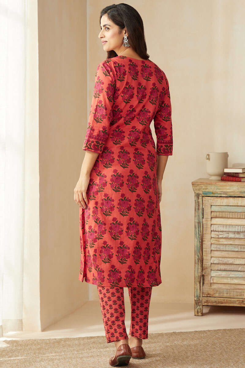 Orange Hand Printed Straight Cotton Kurta