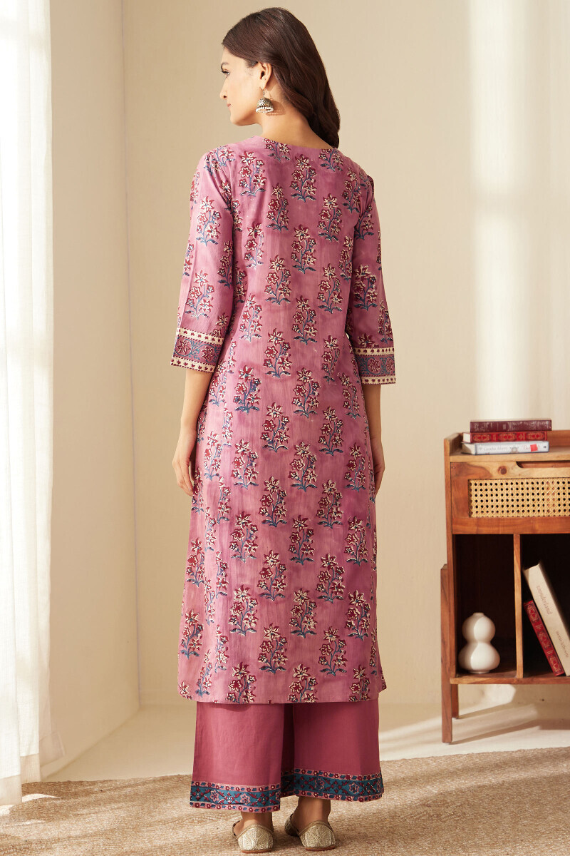 Purple Hand Block-Printed Straight Cotton Kurta