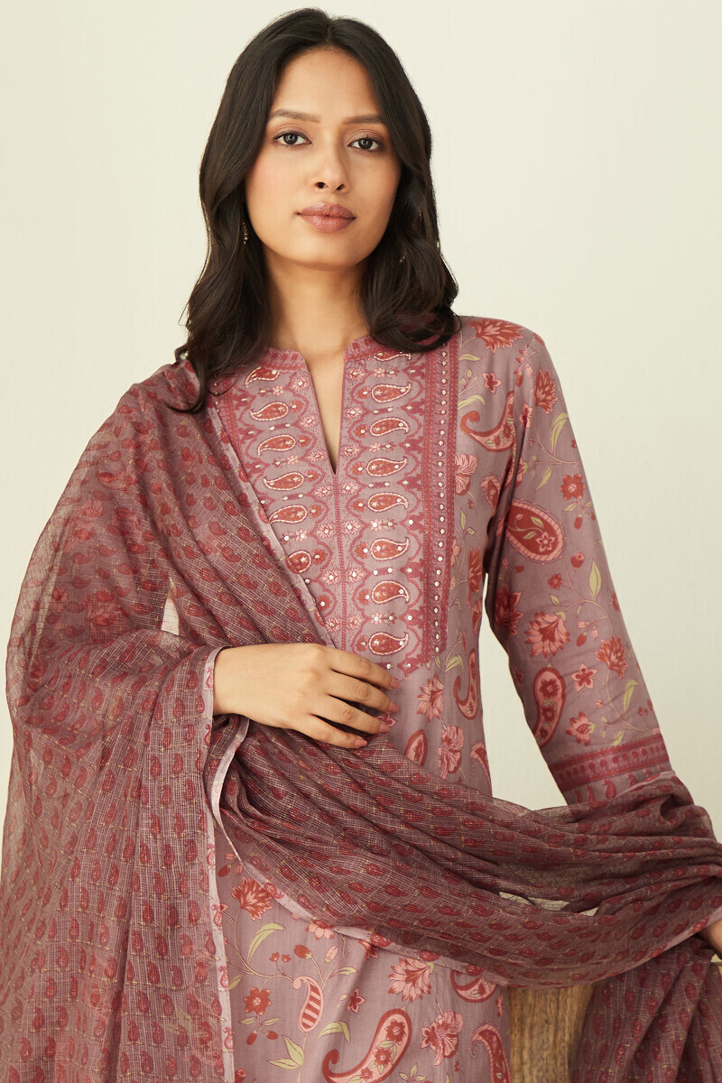 Mauve Hand Printed Straight Cotton Kurta