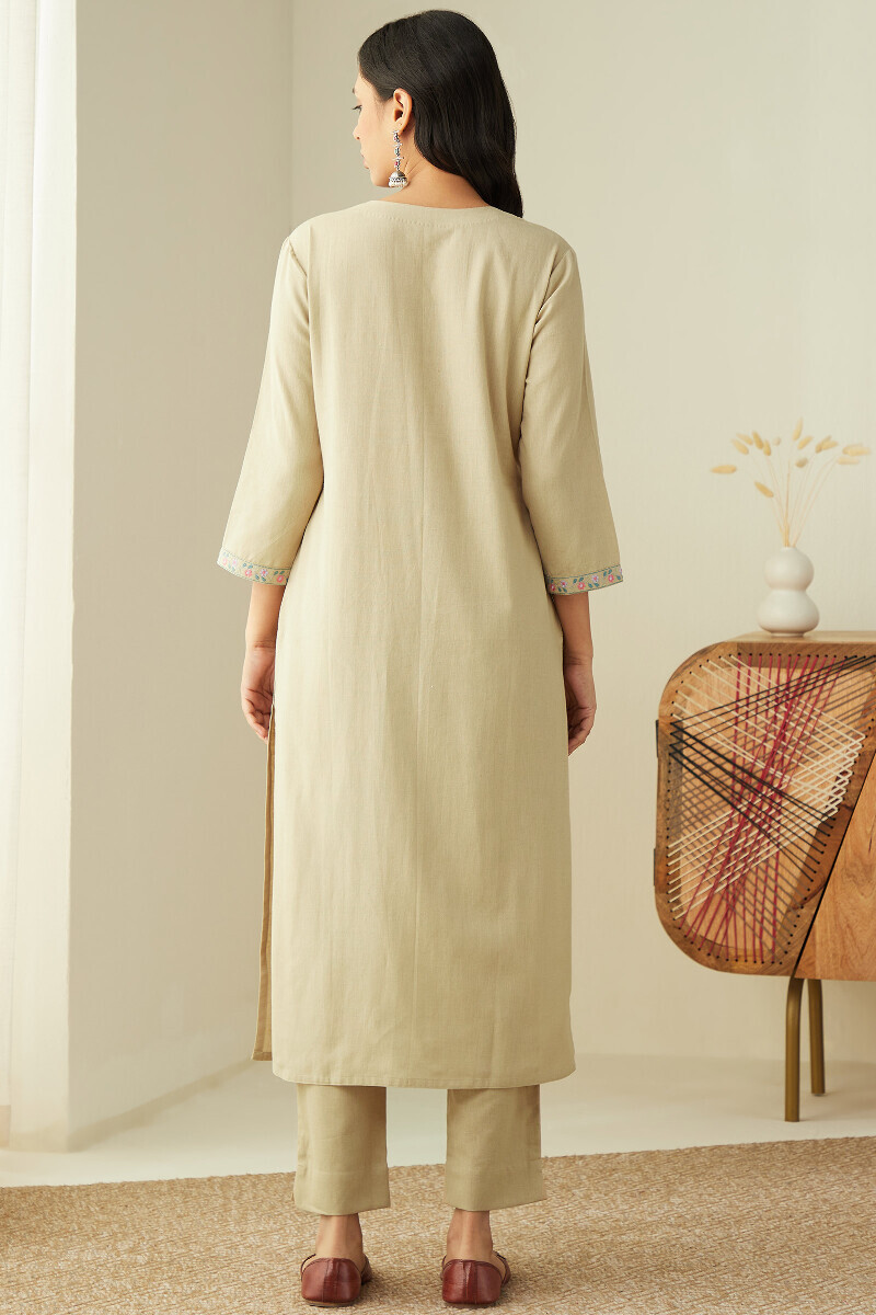 Beige Handcrafted Straight Cotton Flax Kurta