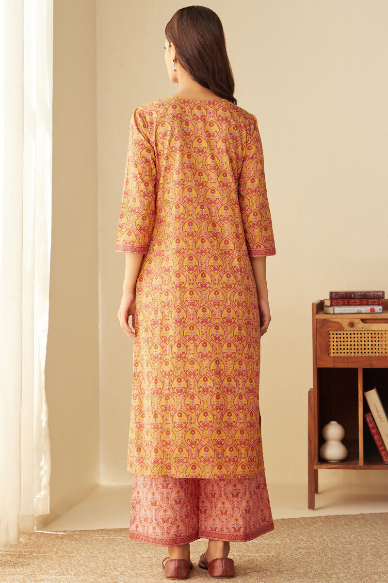 Mustard Hand Printed Straight Cotton Kurta