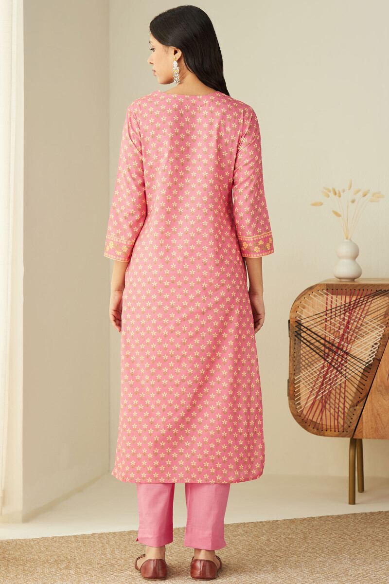 Pink Printed Straight Cotton Kurta