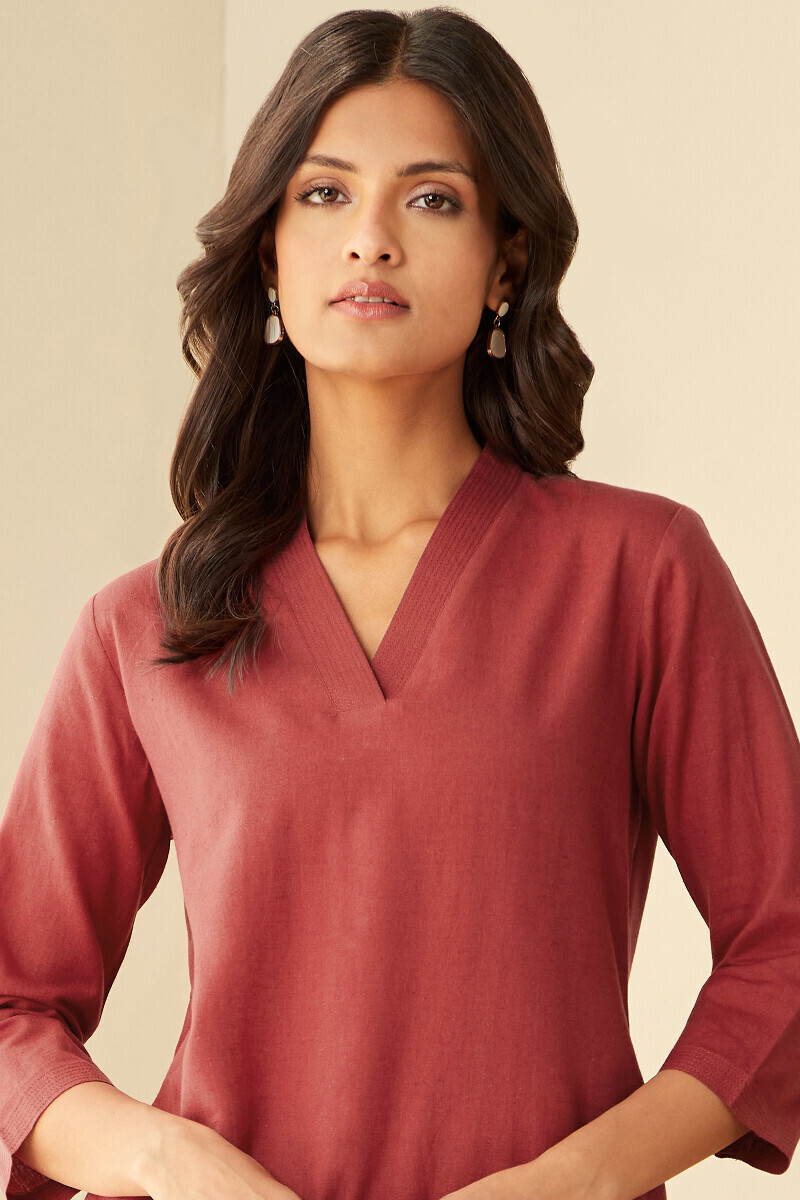 Crimson Red Handcrafted Straight Cotton Flax Kurta
