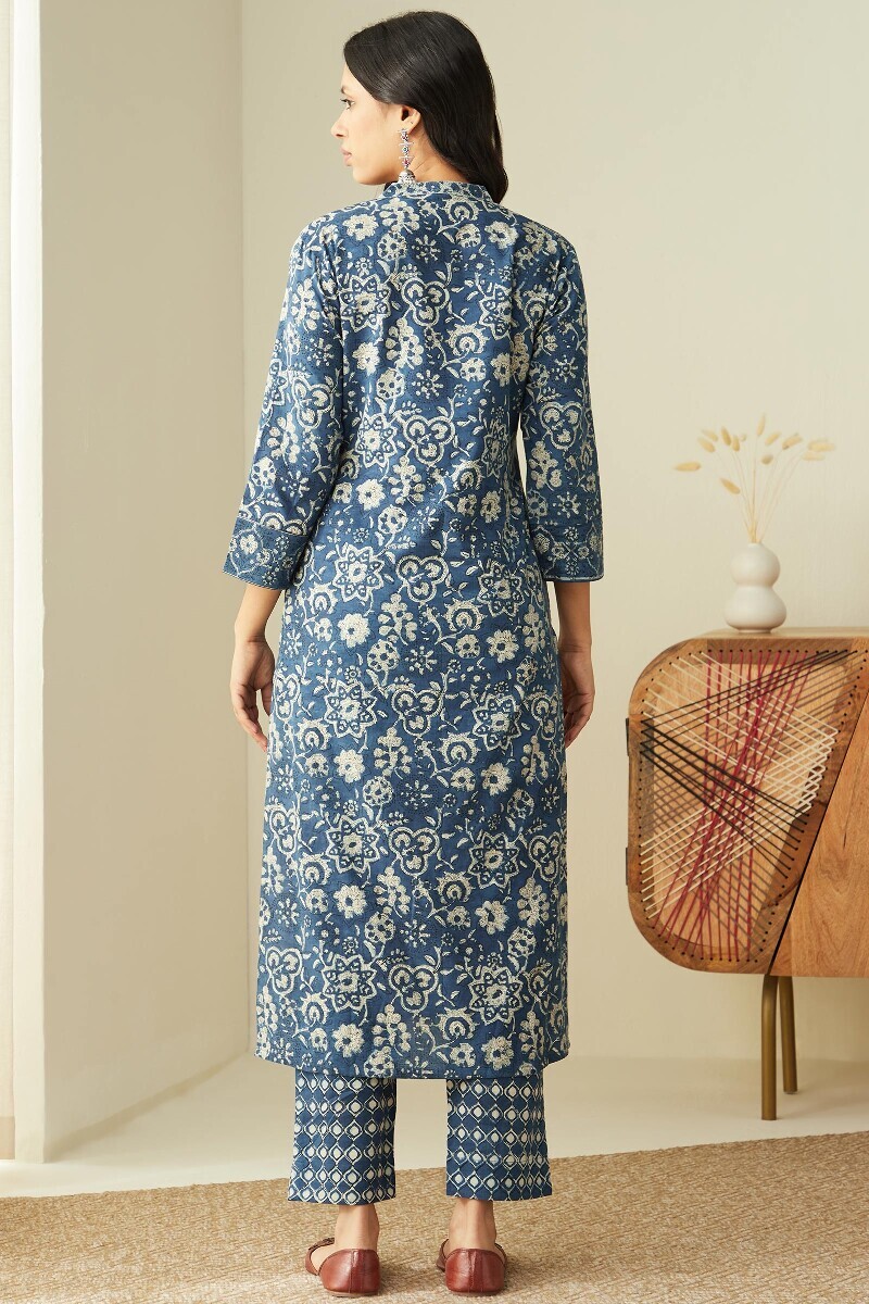 Indigo Hand Block-Printed Straight Cotton Kurta