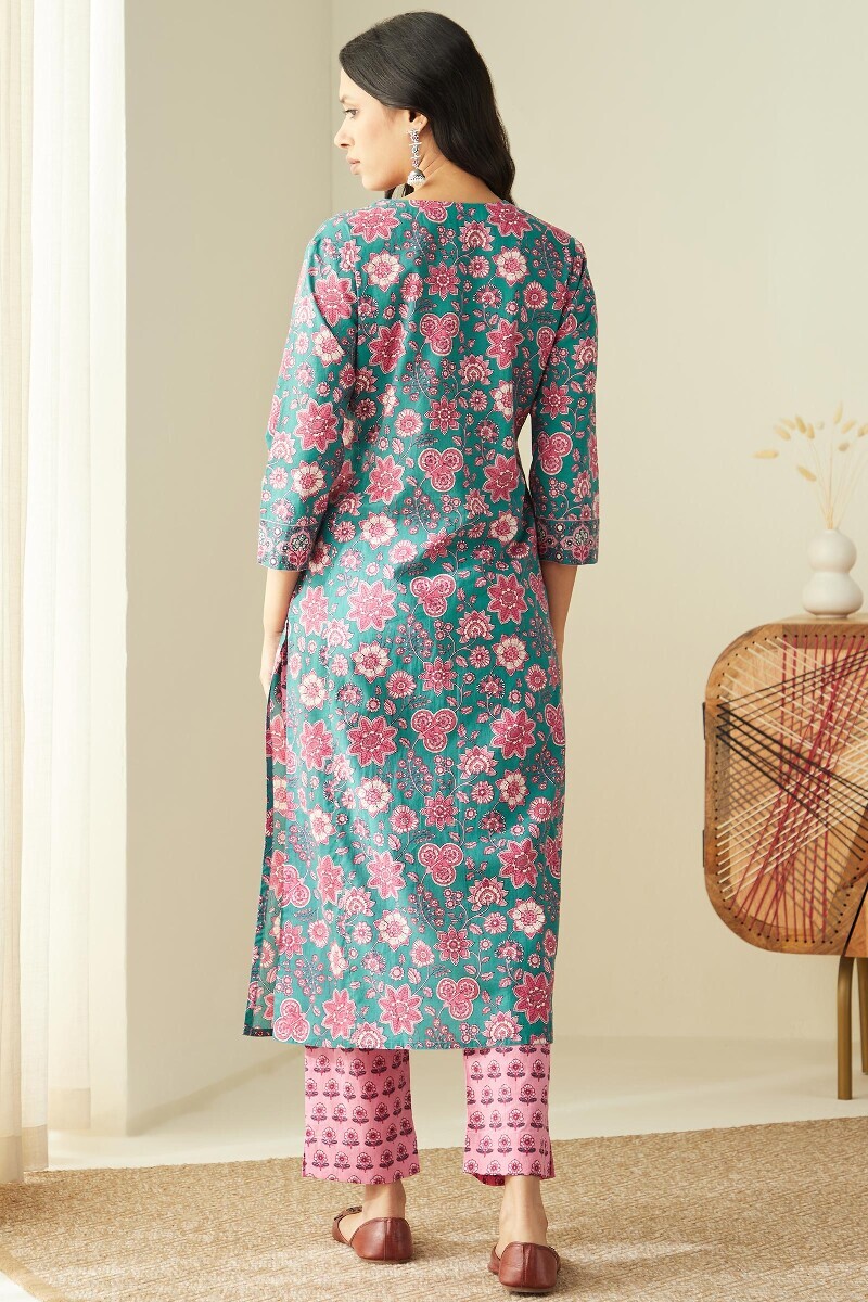 Green Hand Printed Straight Cotton Kurta