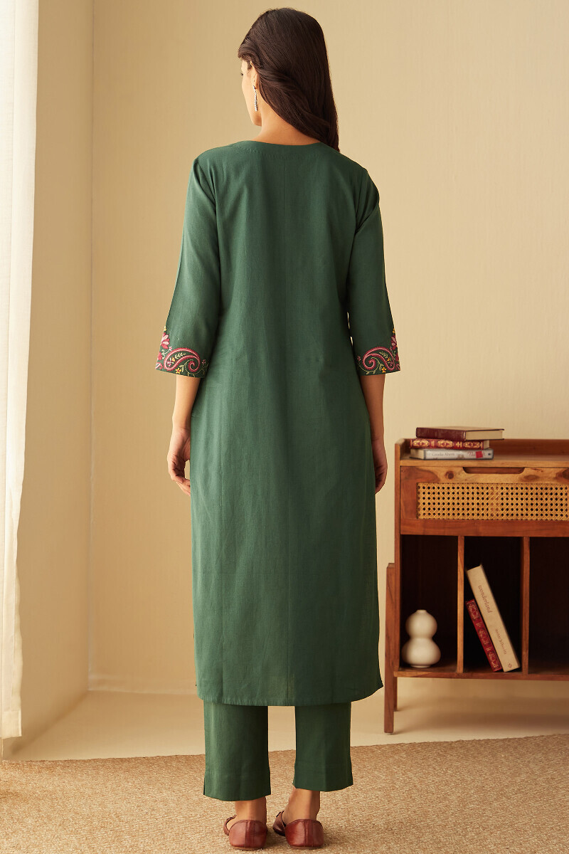 Green Handcrafted Straight Cotton Flax Kurta