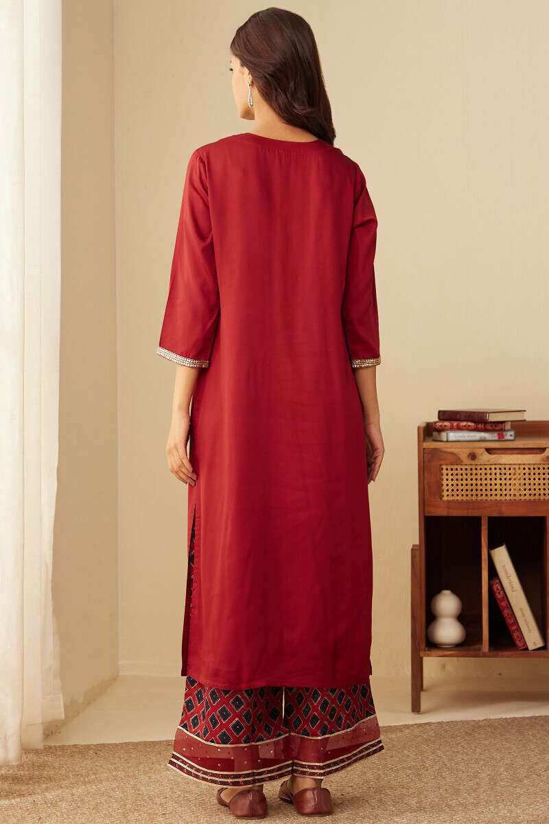 Red Handcrafted Straight Modal Satin Kurta