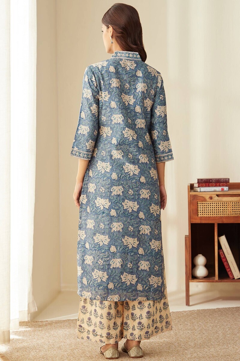 Blue Hand Block-Printed Straight Chanderi Kurta