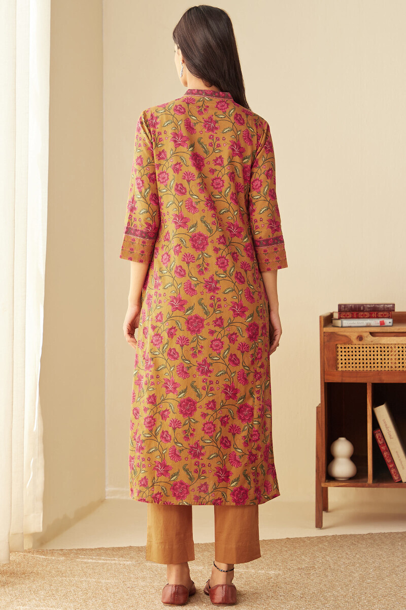 Mustard Printed Straight Cotton Kurta