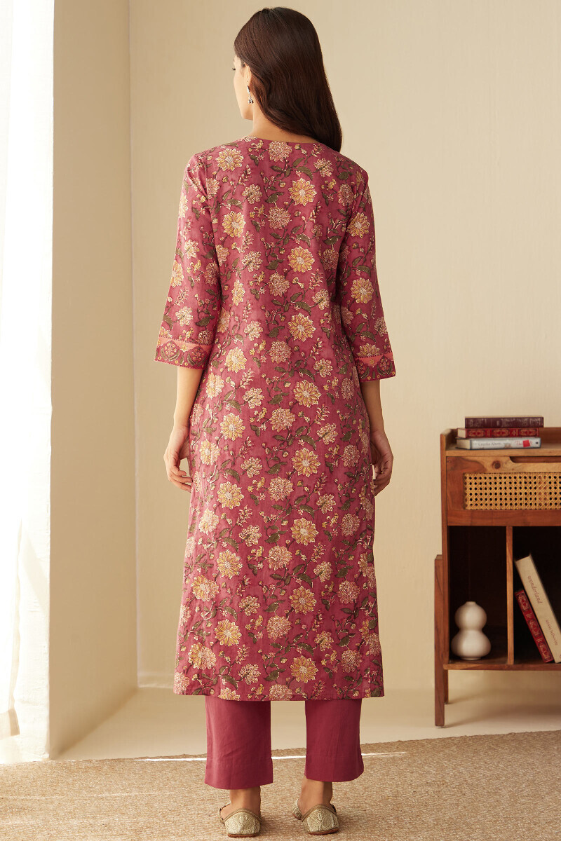 Pink Hand Block-Printed Straight Cotton Kurta