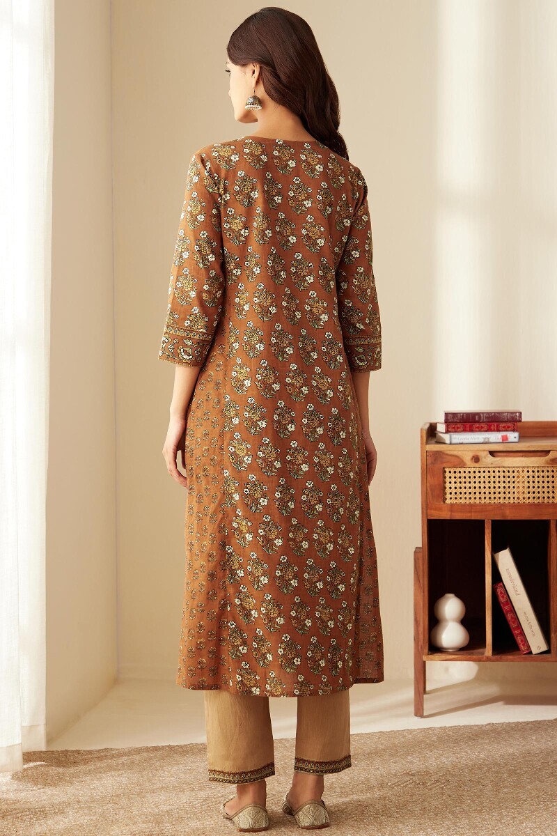 Brown Hand Printed Straight Cotton Slub Kurta