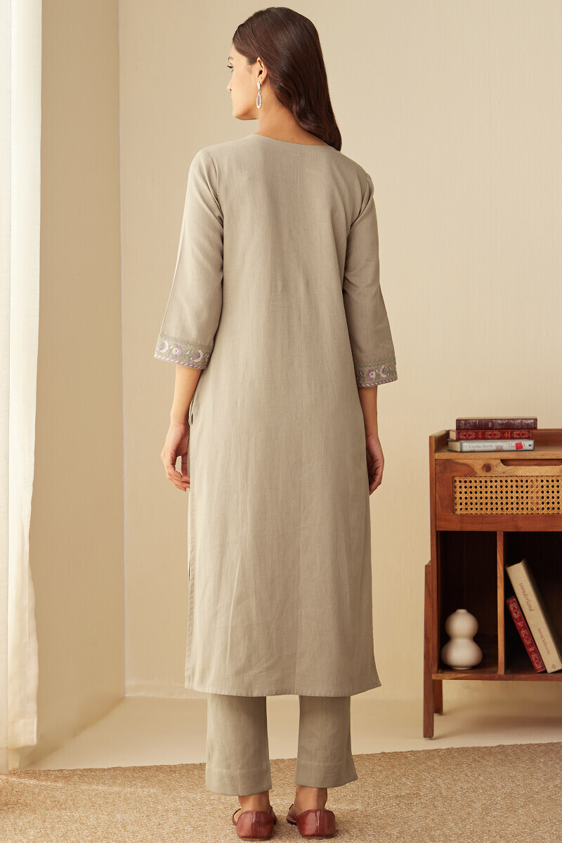 Grey Handcrafted Straight Cotton Flax Kurta