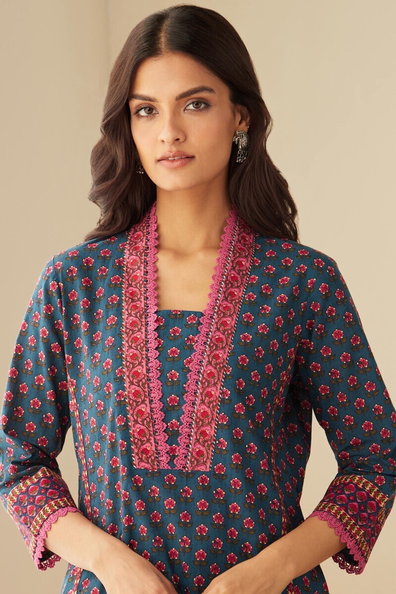 Indigo Hand Printed Straight Cotton Kurta