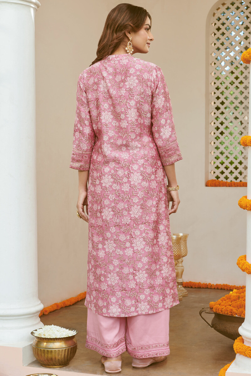 Pink Hand Block-Printed Straight Chanderi Kurta