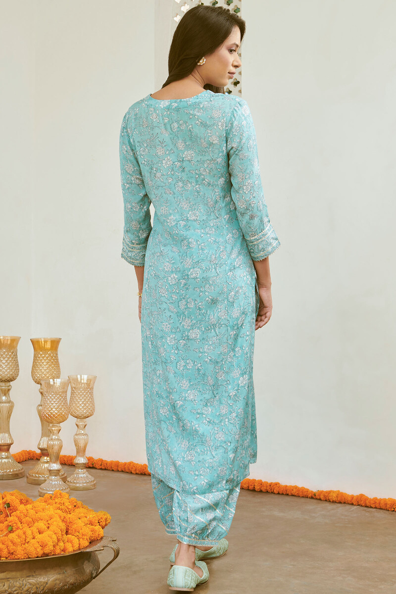 Blue Hand Block-Printed Straight Viscose Kurta