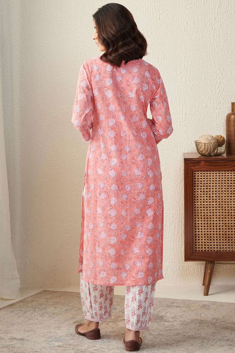 Peach Hand Block-Printed Straight Cotton Kurta
