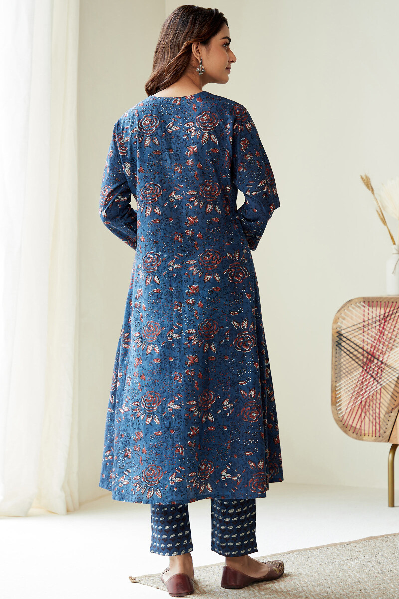 Indigo Hand Block-Printed A-Line Cotton Kurta